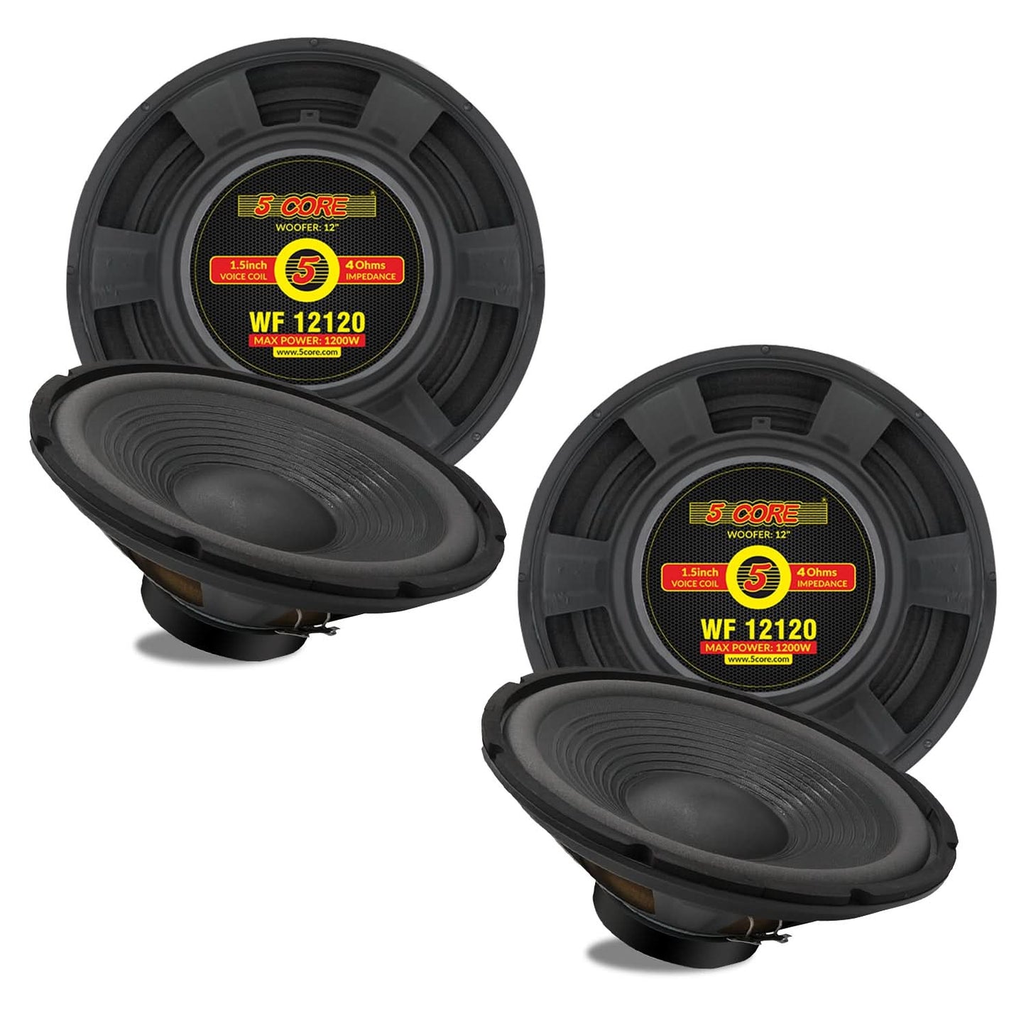 5 Core 12 Inch Subwoofer 1200 Watt Car Audio Sub Woofer Pair 4 Ohm w Deep Bass Replacement Loud Speaker